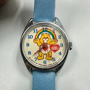 Vintage Bradley Care Bears Watch Kids Silver Tone Blue Leather Band Manual Wind